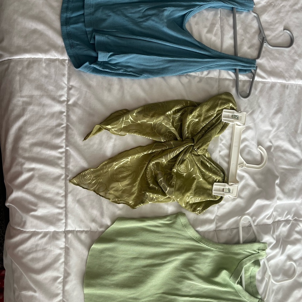 Blue and Green Tank Tops with Gold Scarf